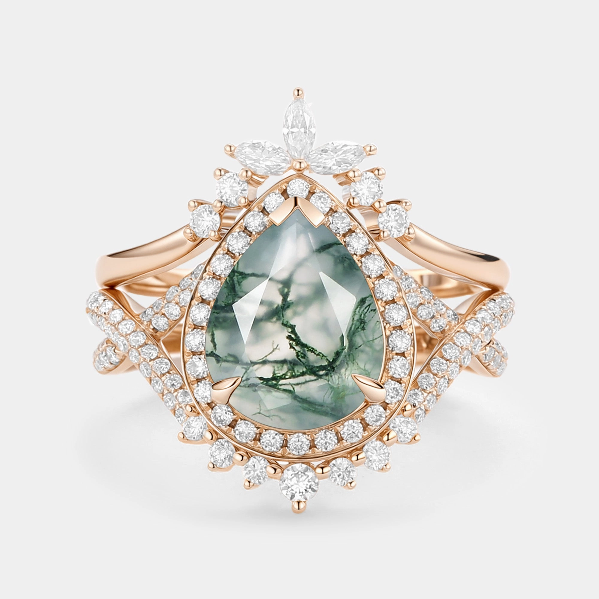 Weekend Sparkle Stylish Finish Pear Shaped Moss Agate Antique Halo Infinity Ring Sets 2pcs - Everlyn