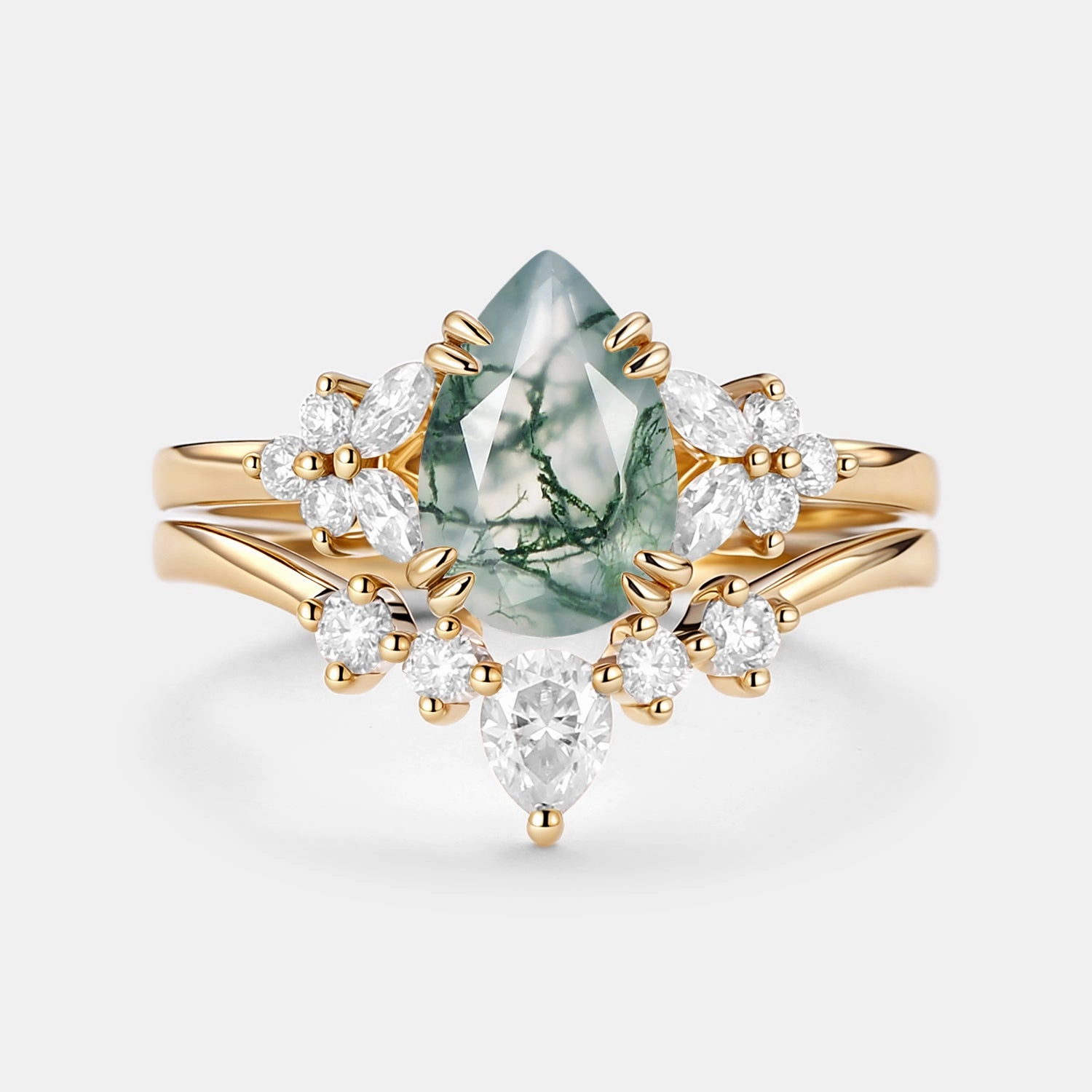 Cool Chic Pear Shaped Moss Agate Cluster Chevron Gold Ring Set 2pcs - Cerys