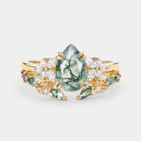 Chic Pick Fashionable pieces Pear Shaped Moss Agate Leafy Chevron Gold Ring Set 2pcs - Chloris