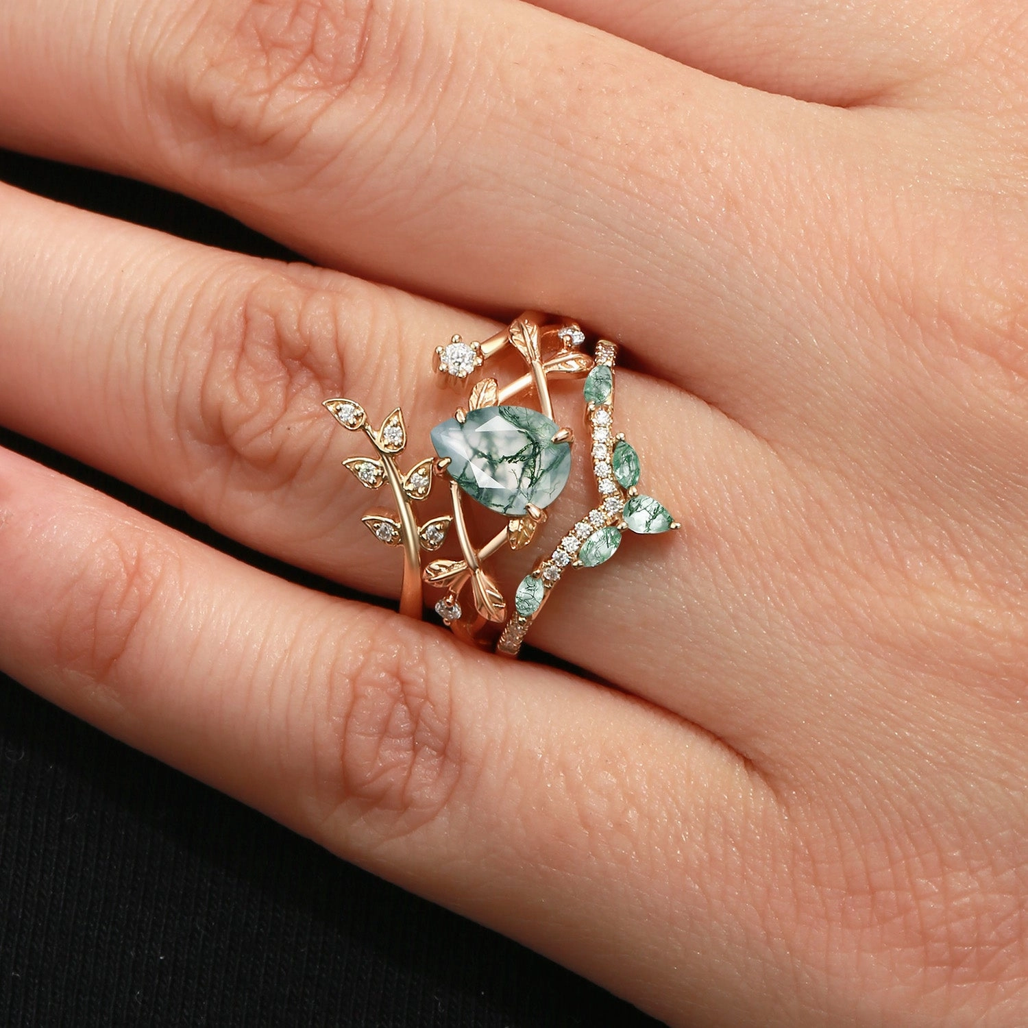 Sparkle Boost Graceful Mood Pear Shaped Moss Agate Leafy Ring Set 3pcs - Liliana
