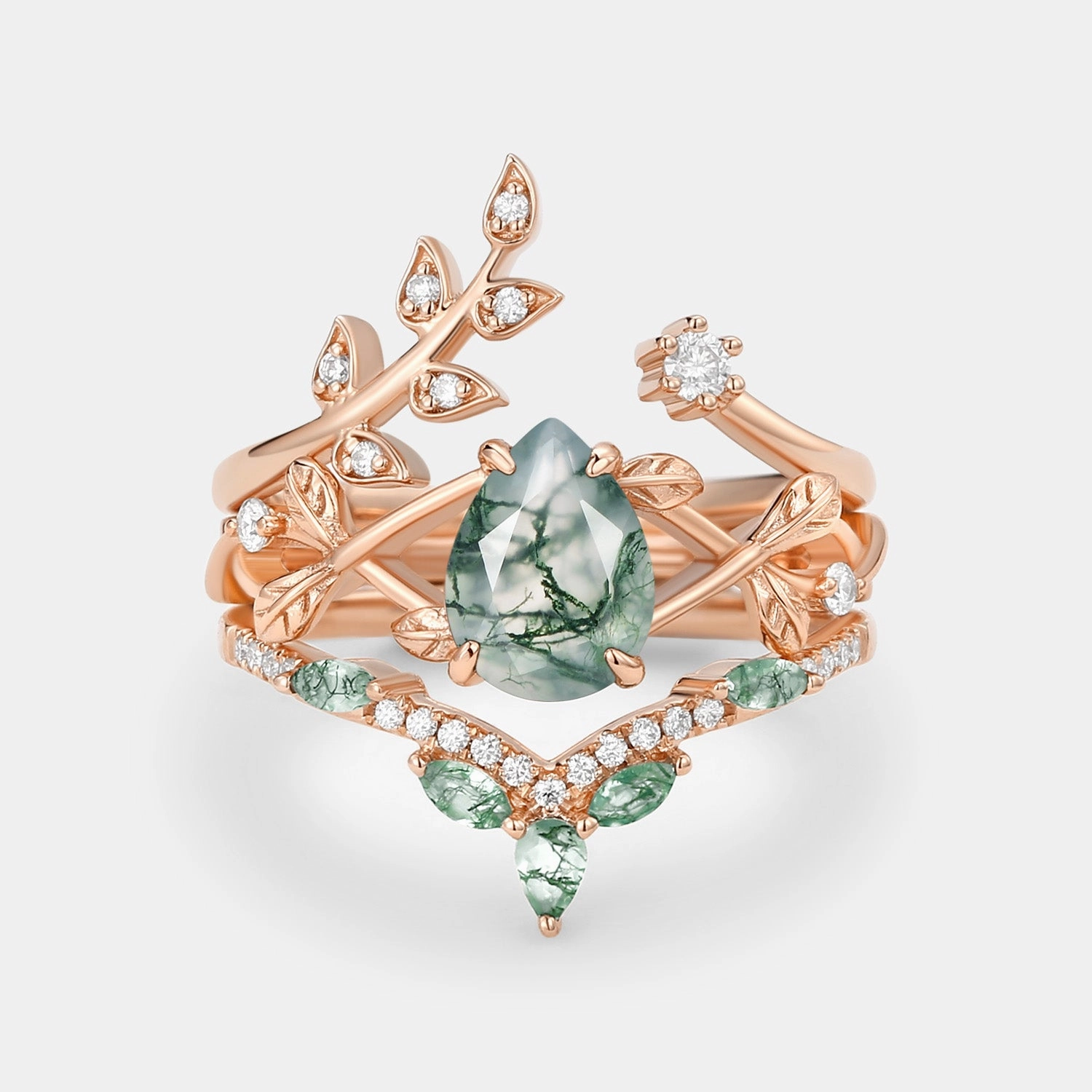 Pear Shaped Moss Agate Leafy Ring Set 3pcs - Liliana Sparkling Shine Pieces Everyday Style