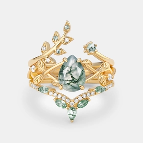 Pear Shaped Moss Agate Leafy Ring Set 3pcs - Liliana Charming Features Sophisticated Appeal