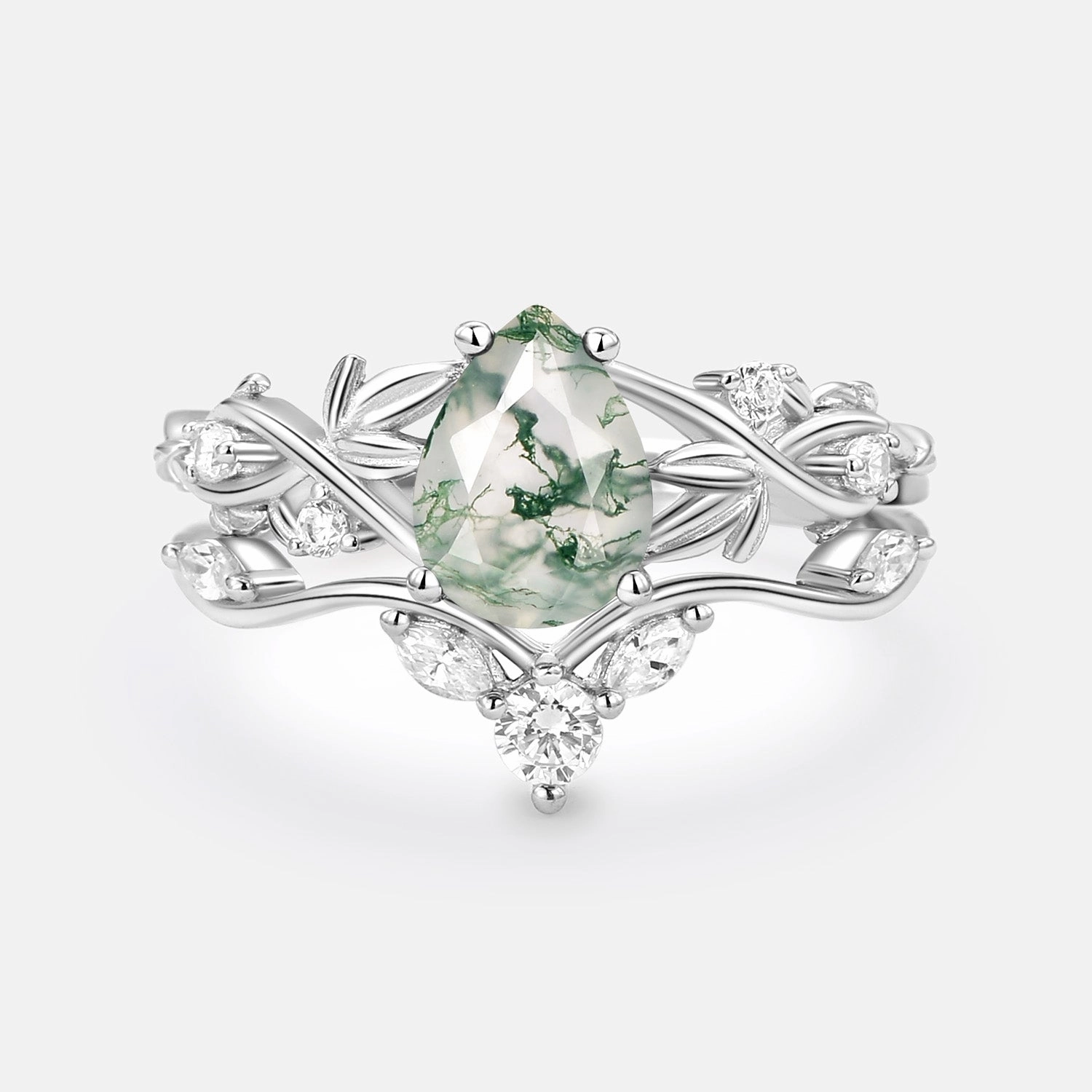 Quick Match Pear Shaped Moss Agate Three Leaves Bridal Ring Set 2pcs