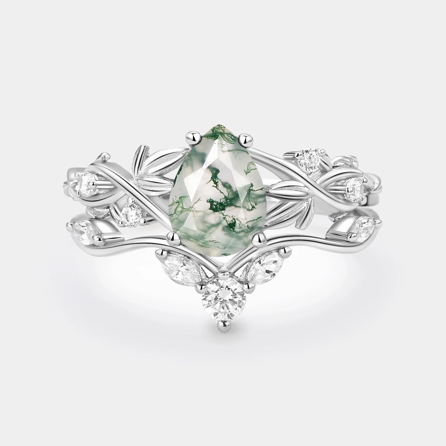 Pear Shaped Moss Agate Three Leaves Bridal Ring Set 2pcs Stylish Look