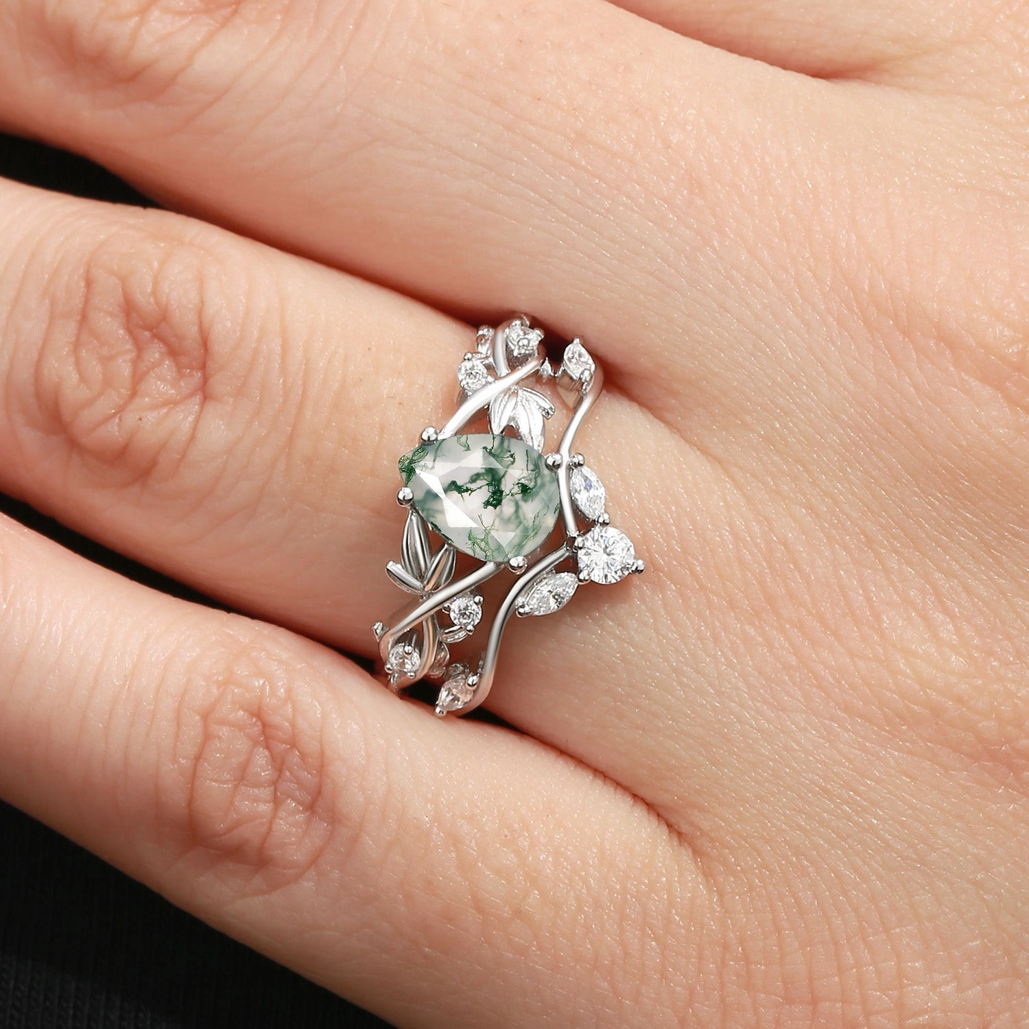 Pear Shaped Moss Agate Three Leaves Bridal Ring Set 2pcs Exquisite Piece Glamourous Piece