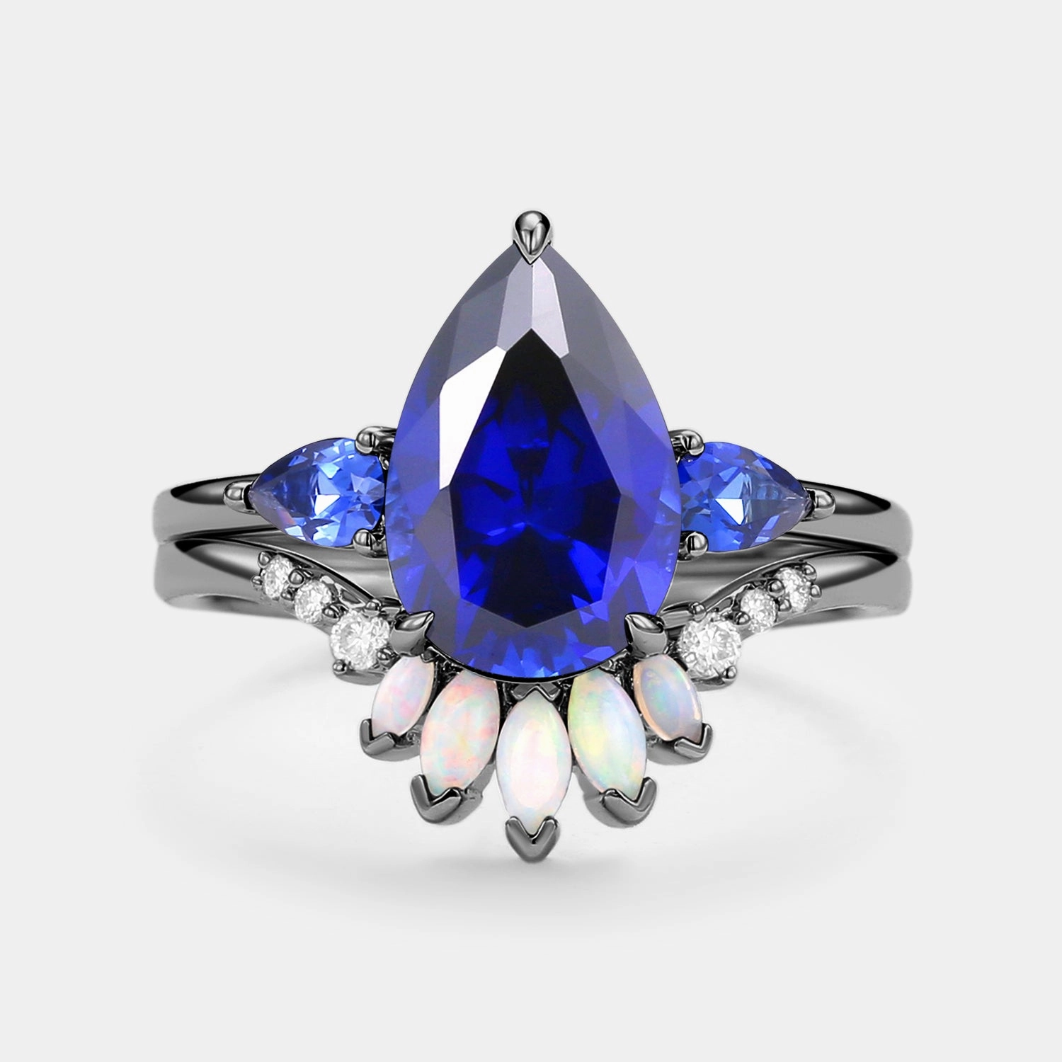 Opulent Accent Impeccable Touch Pear Shaped Sapphire & Opal Three-stone Ring Set 2pcs