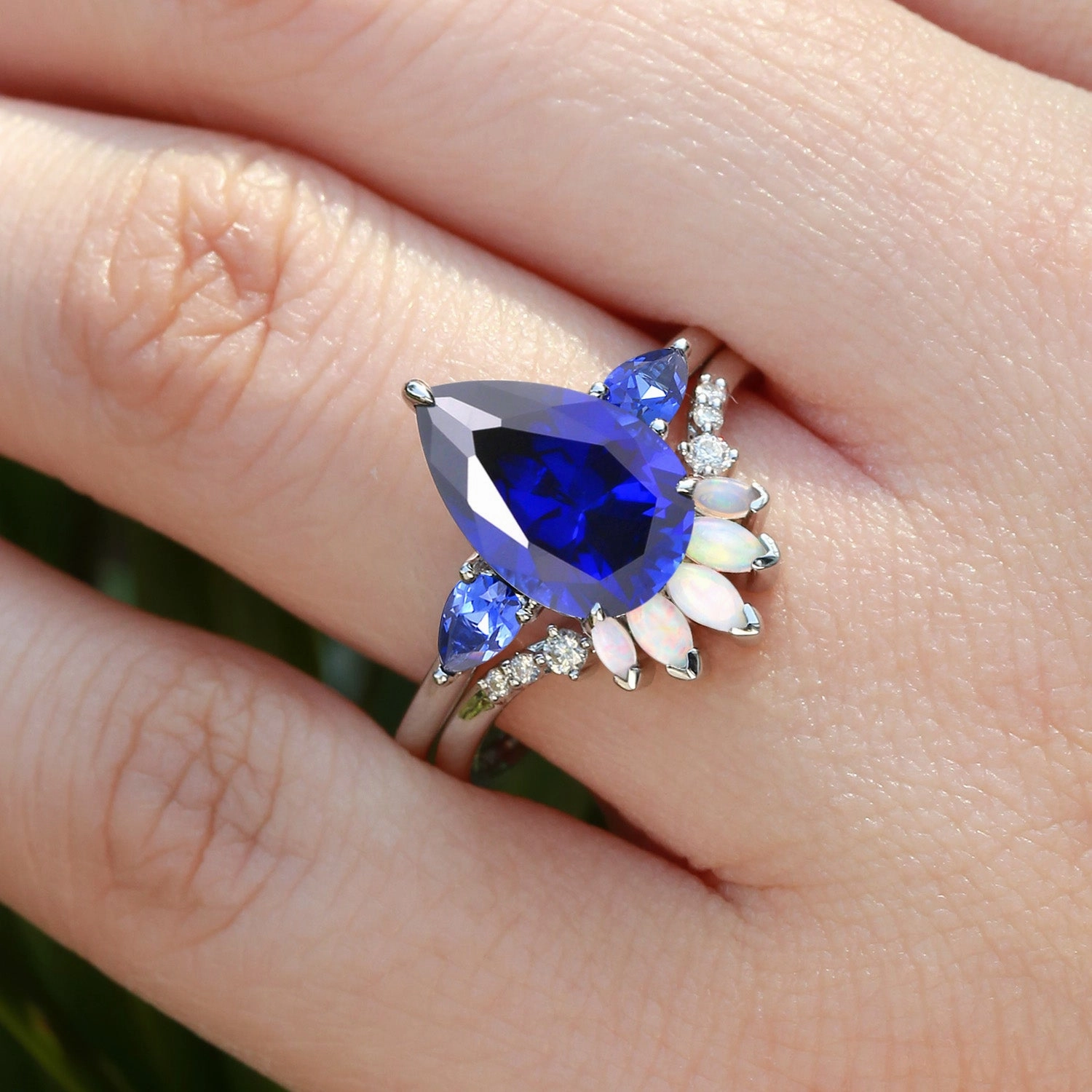 Personal Style Pear Shaped Sapphire & Opal Three-stone Ring Set 2pcs