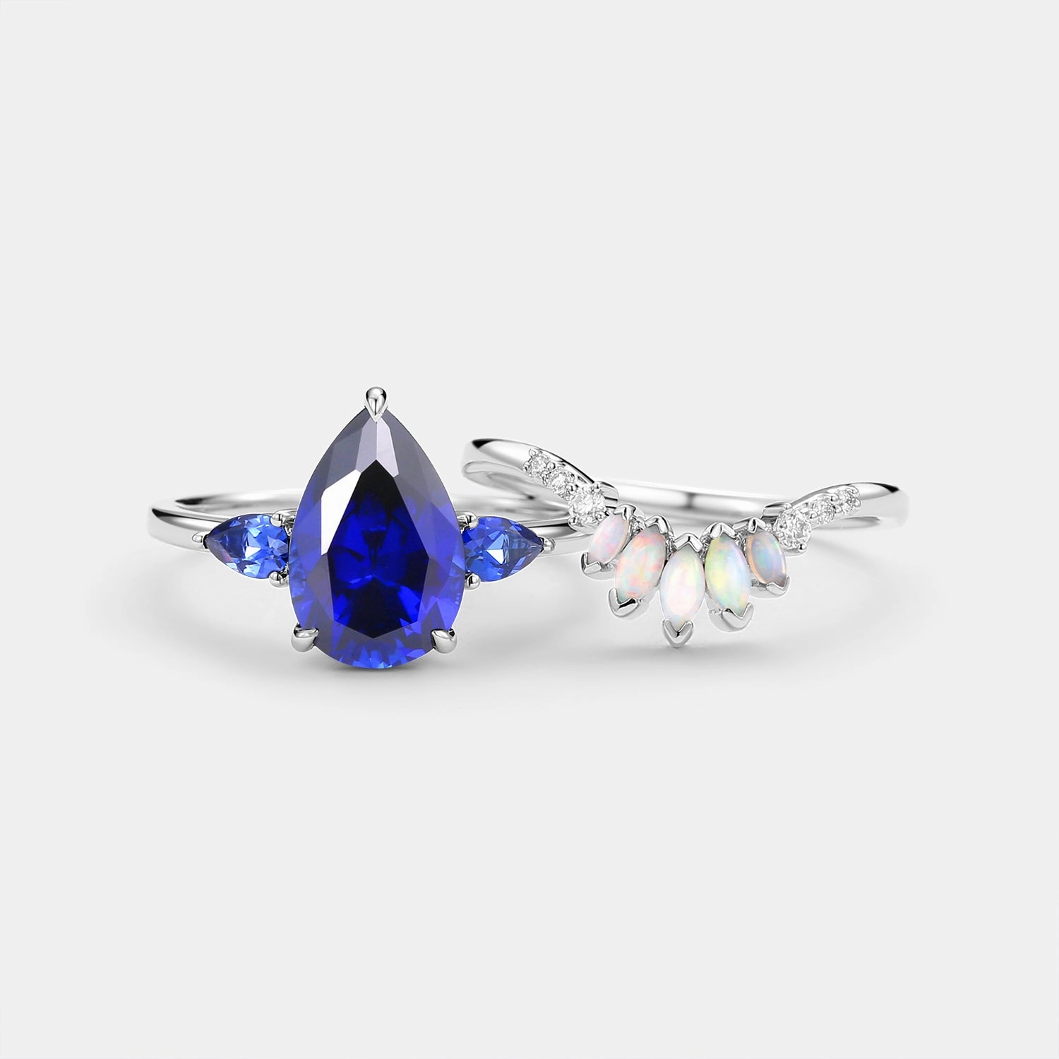 Gleaming Gem Pear Shaped Sapphire & Opal Three-stone Ring Set 2pcs