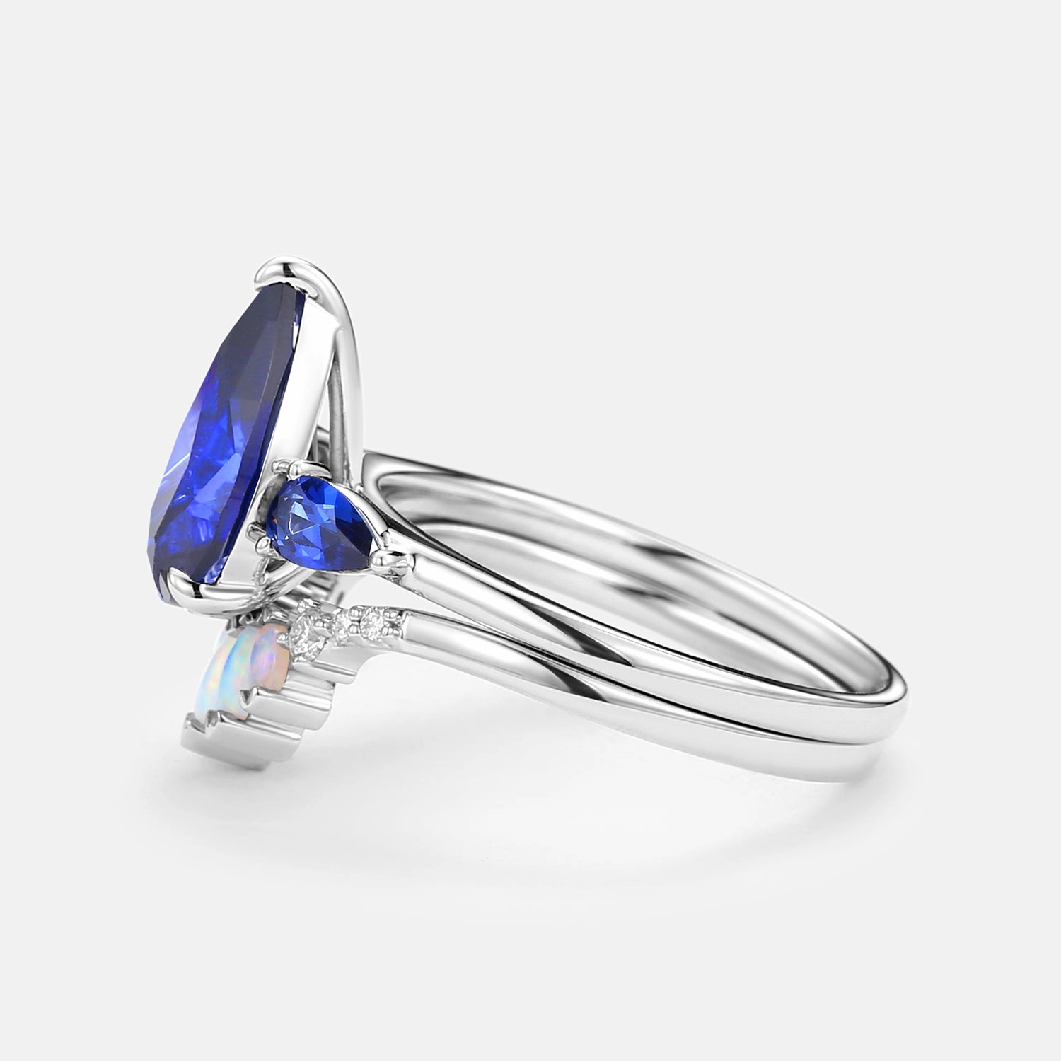 Pear Shaped Sapphire & Opal Three-stone Ring Set 2pcs Vivid Finish