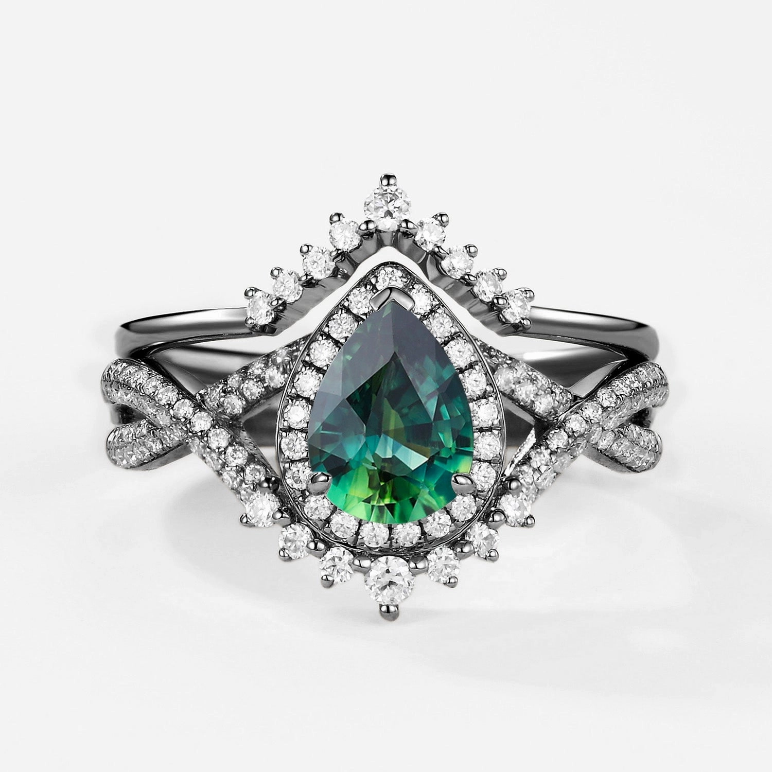 Sparkling Pieces Pear Shaped Teal Sapphire Halo Infinity Ring Set 2pcs - Valentina