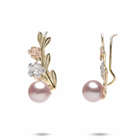 Charming Embellishment Matte Decoration Pearls in Bloom Plumeria Lavender Freshwater Pearl Climber Earrings in Tri Color Gold with Diamonds