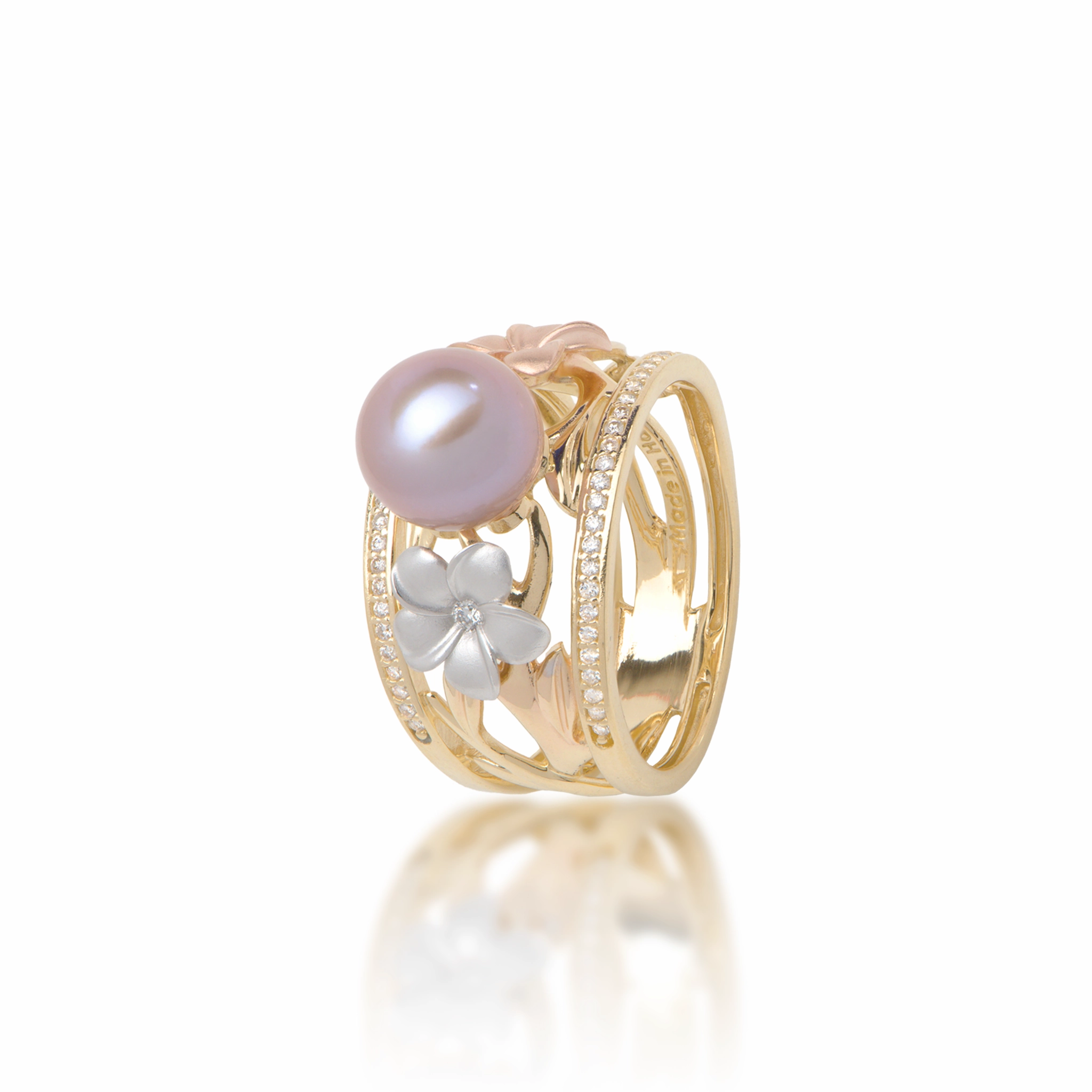 Pearls in Bloom Plumeria Lavender Freshwater Pearl Ring in Tri Color Gold with Diamonds - 12mm Geometric Art