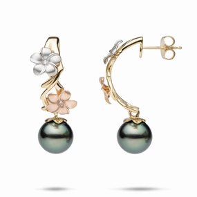 Pearls in Bloom Plumeria Tahitian Black Pearl Earrings in Tri Color Gold with Diamonds - 23mm Stunning Item