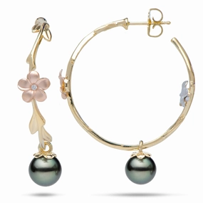 Pearls in Bloom Plumeria Tahitian Black Pearl Earrings in Tri Color Gold with Diamonds - 33mm Delicate Element