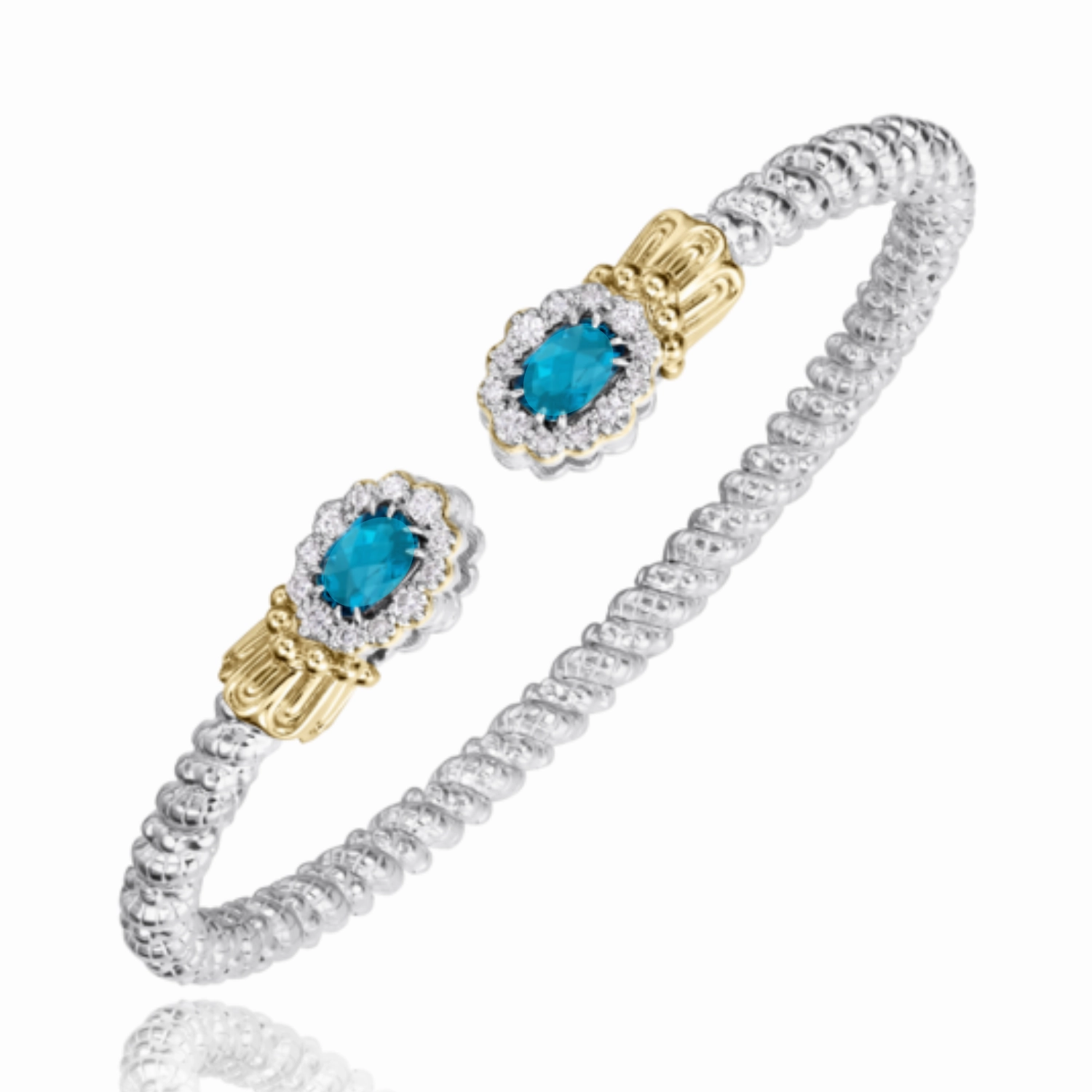 Unfading Beauty 14K Yellow Gold and Sterling Silver Diamond Turquoise Bangle Bracelet