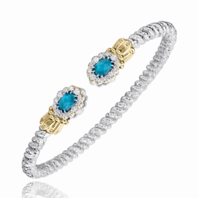 Unfading Beauty 14K Yellow Gold and Sterling Silver Diamond Turquoise Bangle Bracelet
