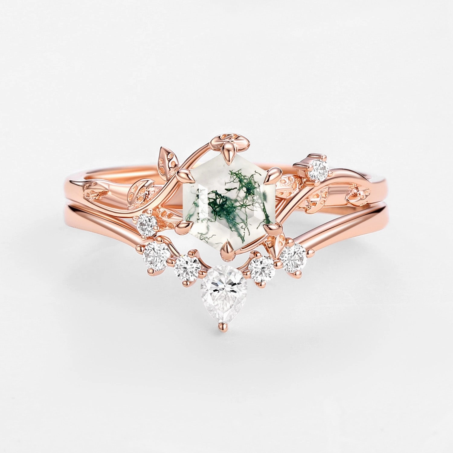 Perfect Hexagon Cut Moss Agate Engagement Ring Set 2pcs - Willow Unique Style Formal Set