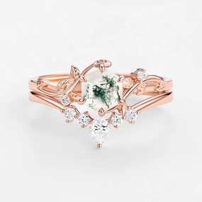 Luxe Shine Perfect Hexagon Cut Moss Agate Engagement Ring Set 2pcs - Willow