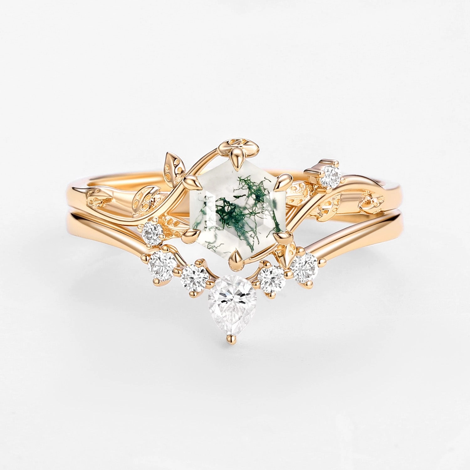 Stylish Form Elegant Piece Perfect Hexagon Cut Moss Agate Engagement Ring Set 2pcs - Willow