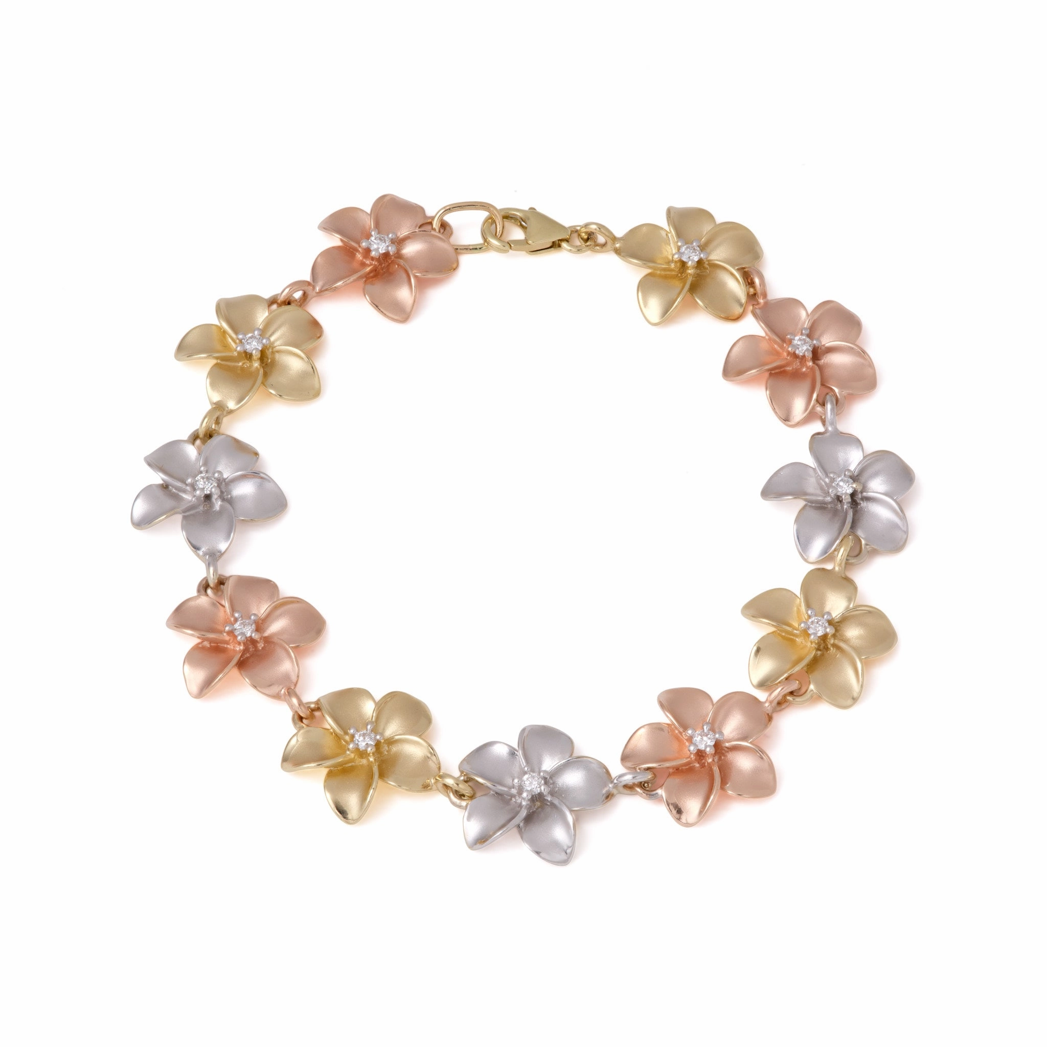 Plumeria Bracelet in Tri Color Gold with Diamonds - 13mm Hard-To-Find Equitably Costed