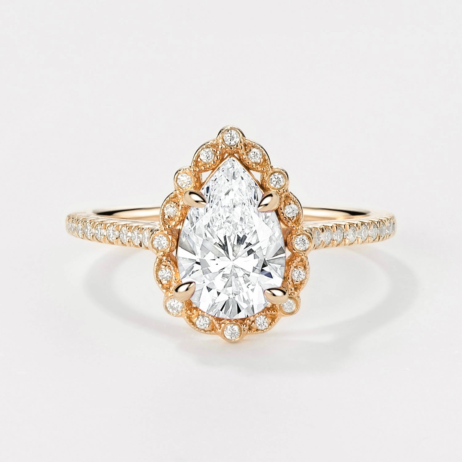 Victorian Vintage Pear Shaped Lab Grown Diamond Halo Ring Unique Look Bright Detail