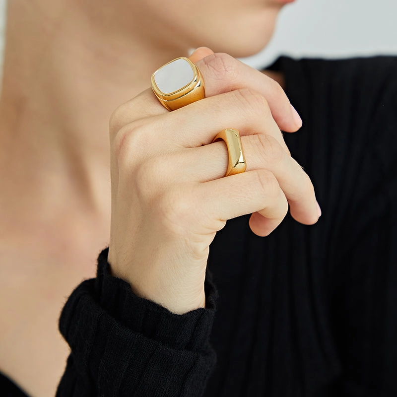 Fresh Spark Decorative Jewelry Timeless Mother of Pearl Wide Band Ring, Gold Signet Ring | Rhombus Ring, Gold Statement Ring