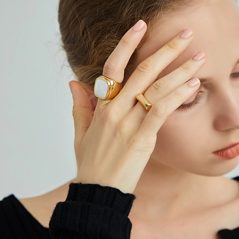 Vintage Accessory New collection Timeless Mother of Pearl Wide Band Ring, Gold Signet Ring | Rhombus Ring, Gold Statement Ring