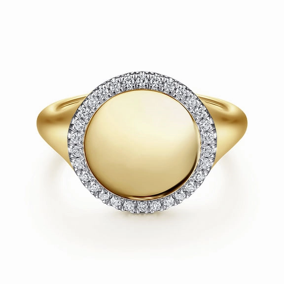 14K Yellow Gold Pinky Signet Ring with Diamond Halo Holiday Gift Glamorous look