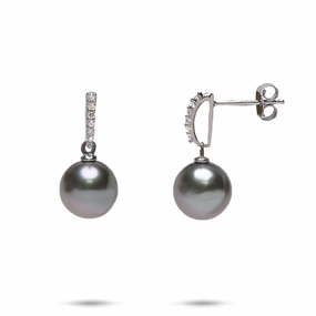 Opulent Trinket Timeless Trinket Tahitian Black Pearl Earrings in White Gold with Diamonds - 9-10mm