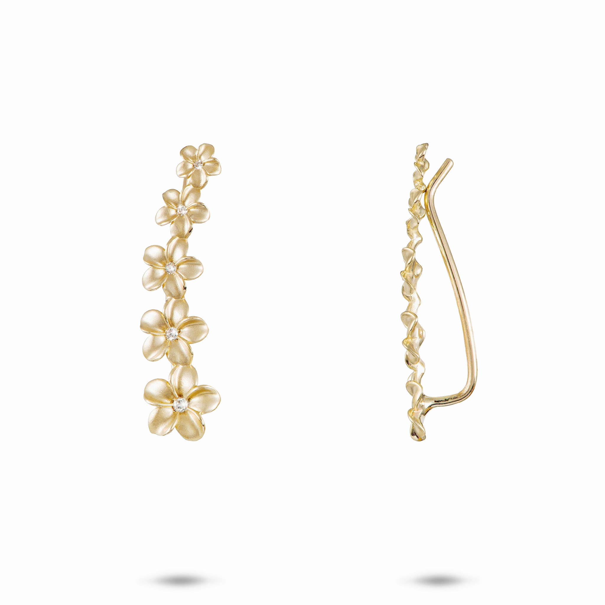 Substantial Piece Luxurious Choice Plumeria Climber Earrings in Gold with Diamonds - 26mm