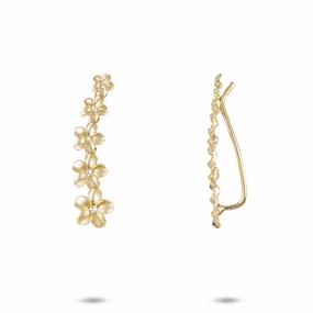 Substantial Piece Luxurious Choice Plumeria Climber Earrings in Gold with Diamonds - 26mm