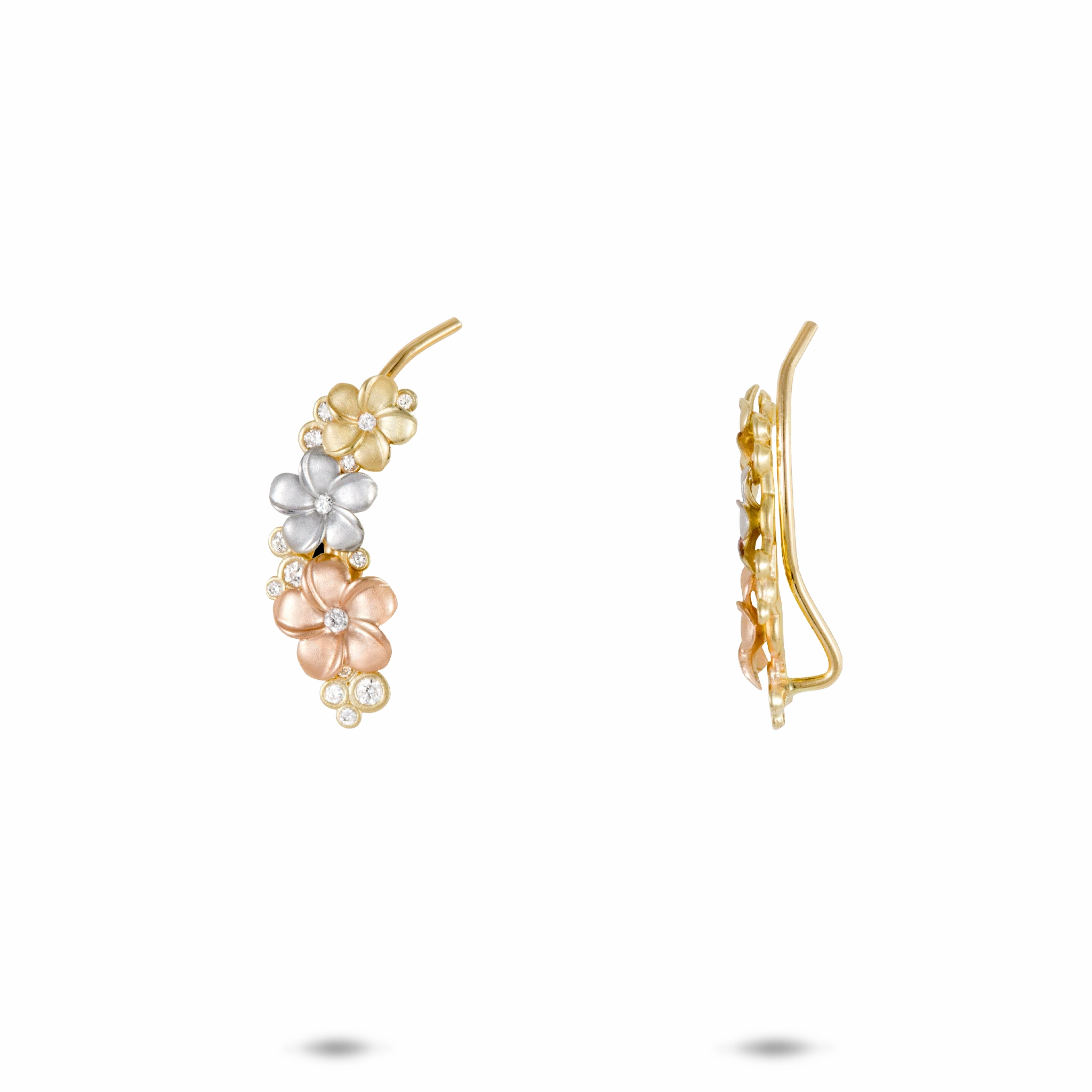 Pastel Embellishment Ornate Design Plumeria Climber Earrings in Tri Color Gold with Diamonds - 20mm