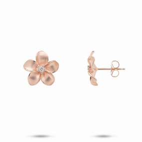 Minimalist Trinket Vacation Accessory Plumeria Earrings in Rose Gold with Diamonds - 13mm