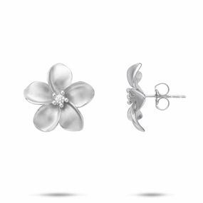 Magnificent Trinket Vibrant Item Plumeria Earrings in White Gold with Diamonds - 18mm