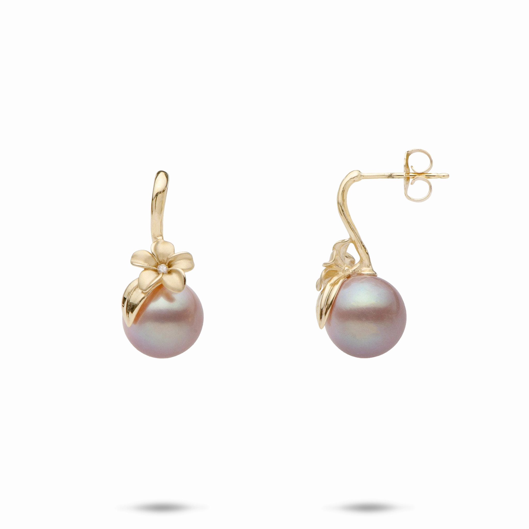 Exquisite finish Plumeria Lavender Freshwater Pearl Earrings in Gold with Diamonds - 9-10mm