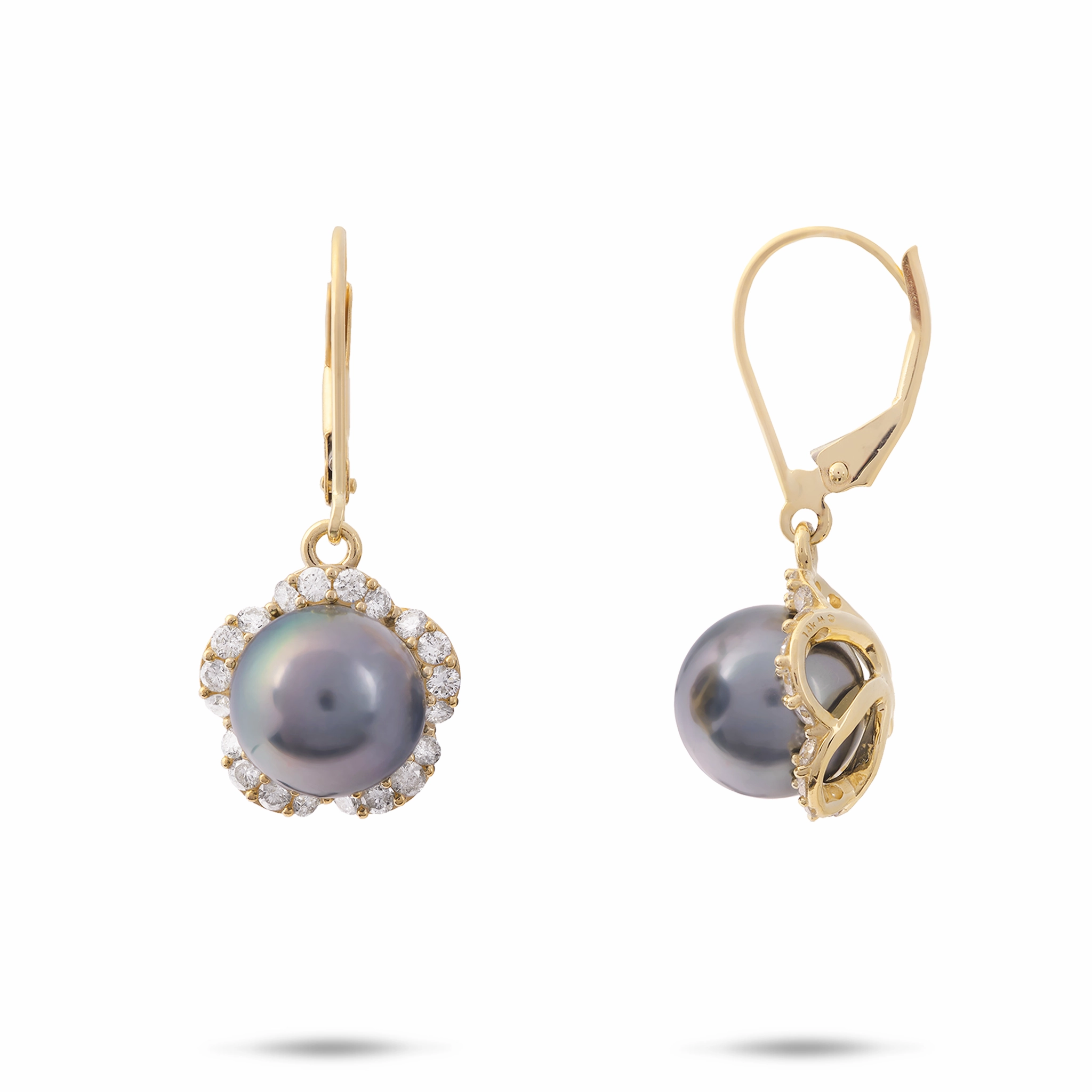 Plumeria Tahitian Black Pearl Earrings in Gold with Diamonds - 9-10mm Lovely Jewelry Modern Aesthetic
