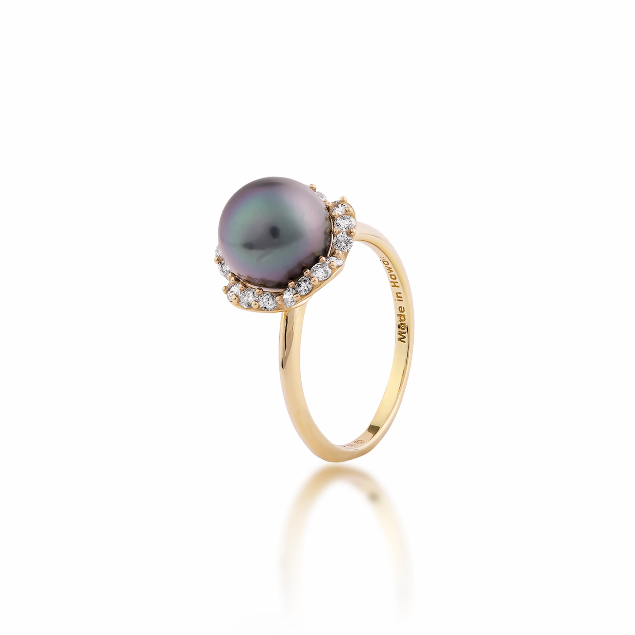 Color Match Chic Design Plumeria Tahitian Black Pearl Ring in Gold with Diamonds - 9-10mm