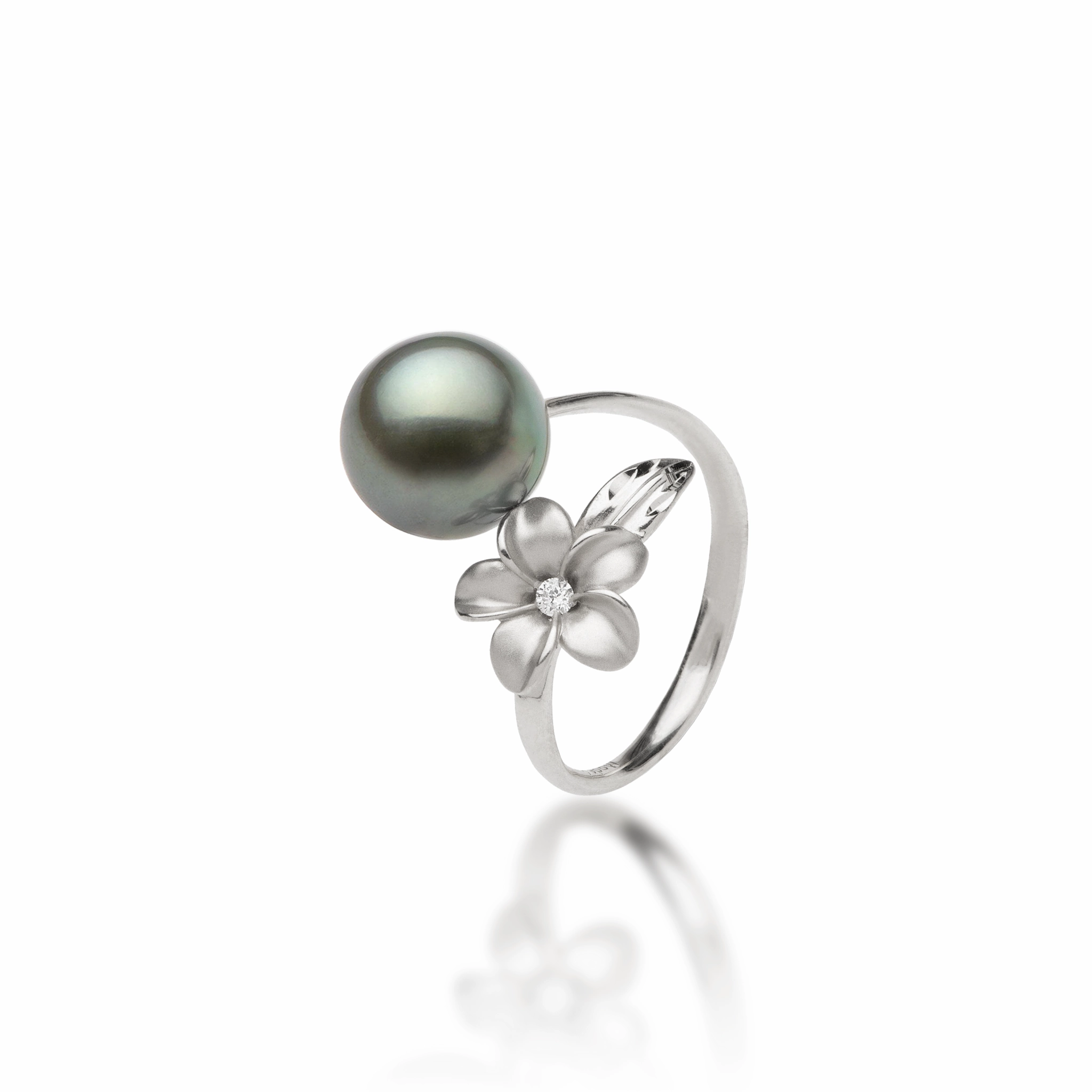 Modern Embellishment Durable Construction Plumeria Tahitian Black Pearl Ring in White Gold with Diamond - 10-11mm