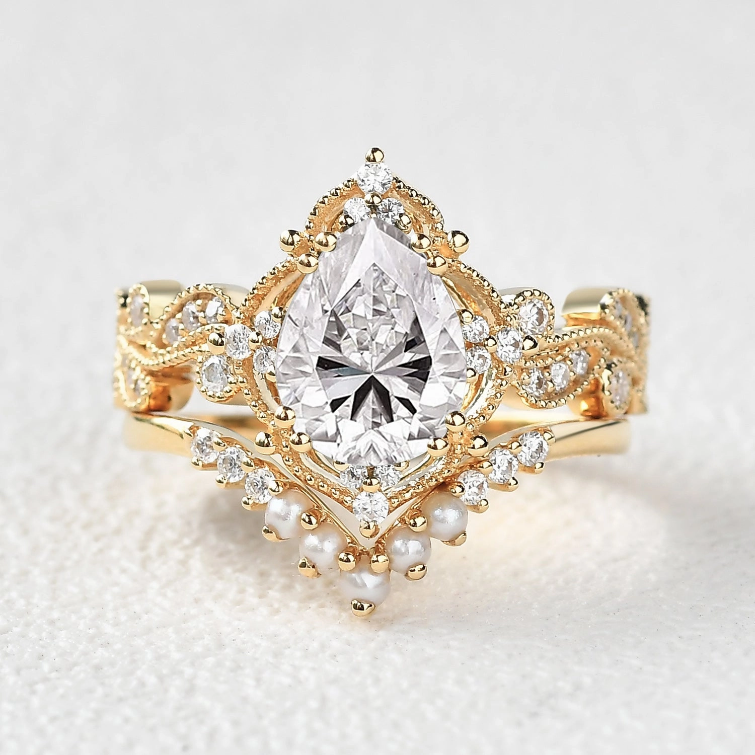 Pear Shaped Moss Agate & Pearl Engagement Ring Set 2pcs - Harper Glam Light