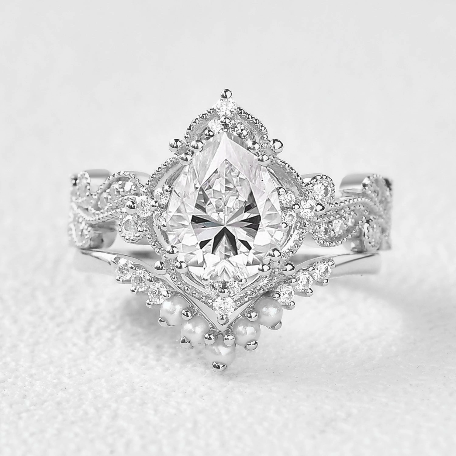 Pear Shaped Moss Agate & Pearl Engagement Ring Set 2pcs - Harper Effortless Touch