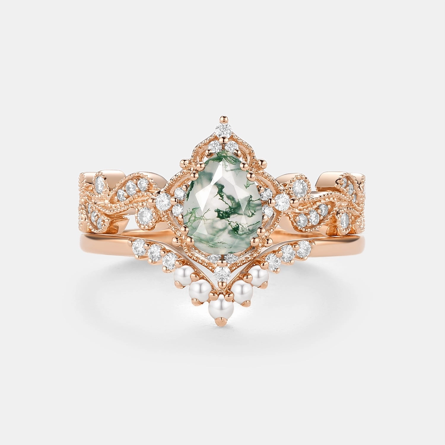 Pear Shaped Moss Agate & Pearl Engagement Ring Set 2pcs - Harper Neutral palette Sophisticated Look
