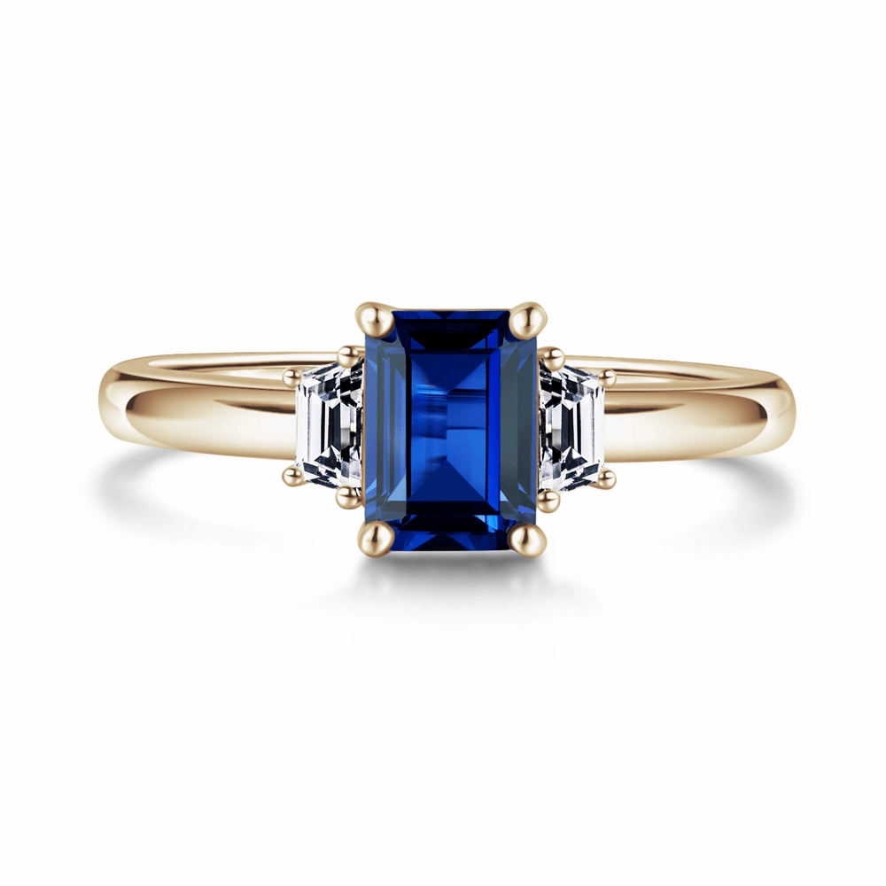 Emerald Cut Blue Sapphire and White Sapphire Three Stone Ring Precious Jewelry Pieces Dazzling Charm