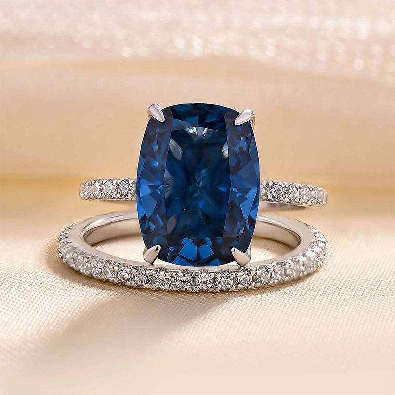 Model Shot Luxury Finish Shine Louily Stunning Cushion Cut Montana Blue Sapphire Wedding Set In Sterling Silver