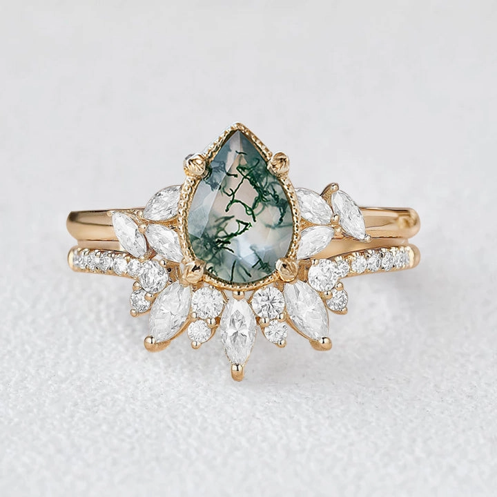 Pear Shaped Moss Agate Marquise Cluster Ring Set 2pcs Romantic Detail