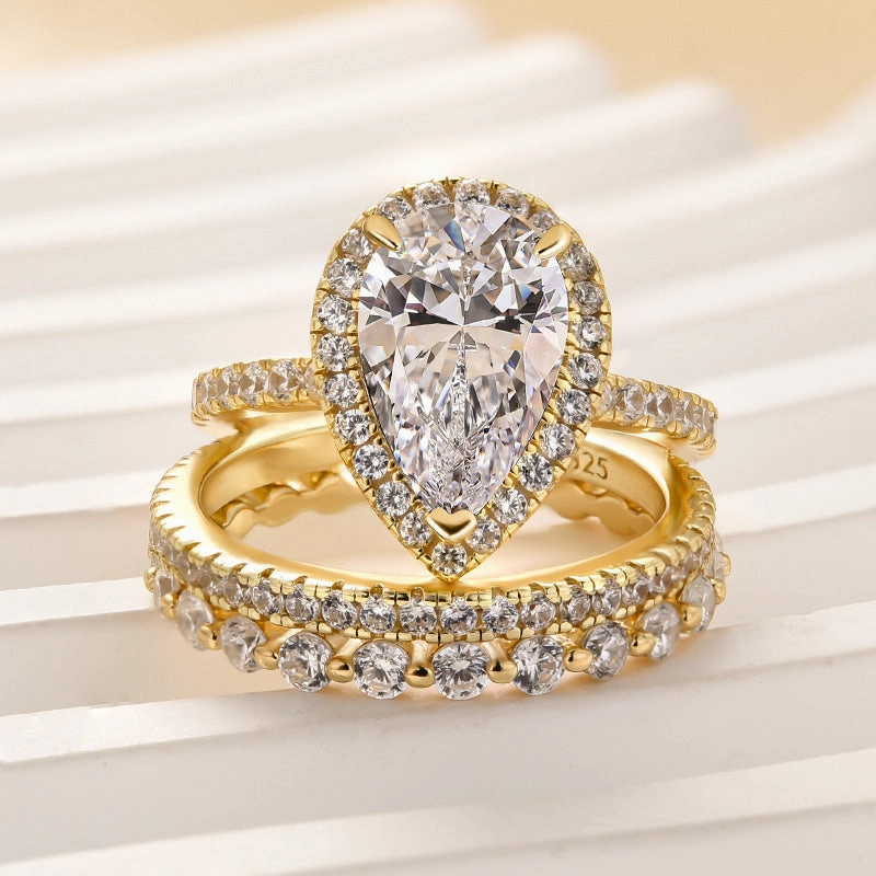 Louily 3PC Classic Halo Pear Cut Wedding Ring Set With Eternity Wedding Bands Style Focus Delicate Flash