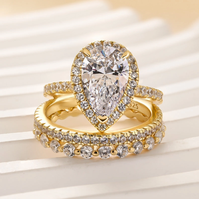 Petite Edge Exquisite Detailing Louily 3PC Classic Halo Pear Cut Wedding Ring Set With Eternity Wedding Bands