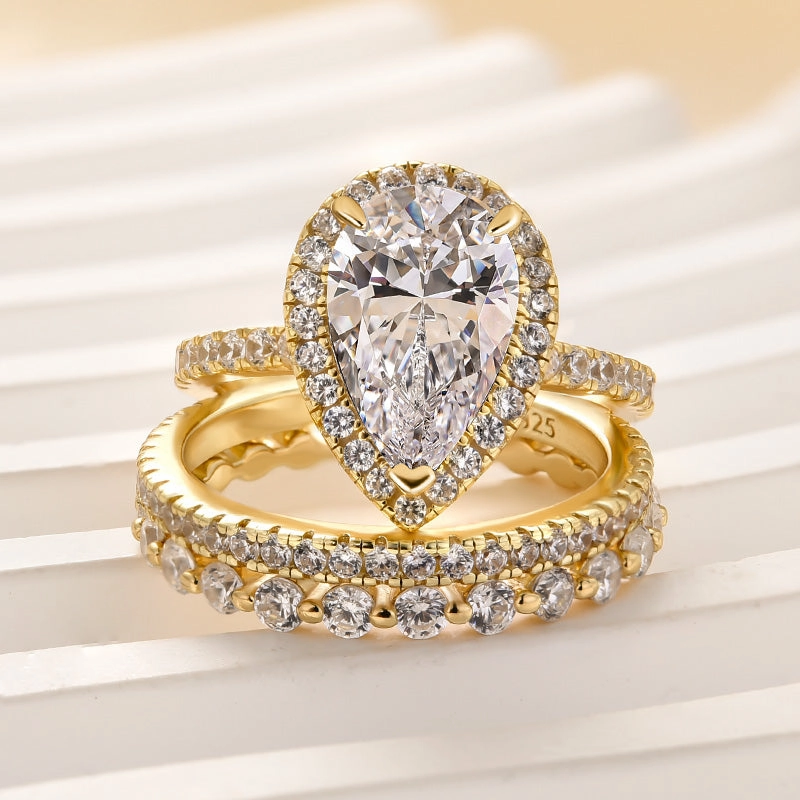 Louily 3PC Classic Halo Pear Cut Wedding Ring Set With Eternity Wedding Bands Shiny Jewels