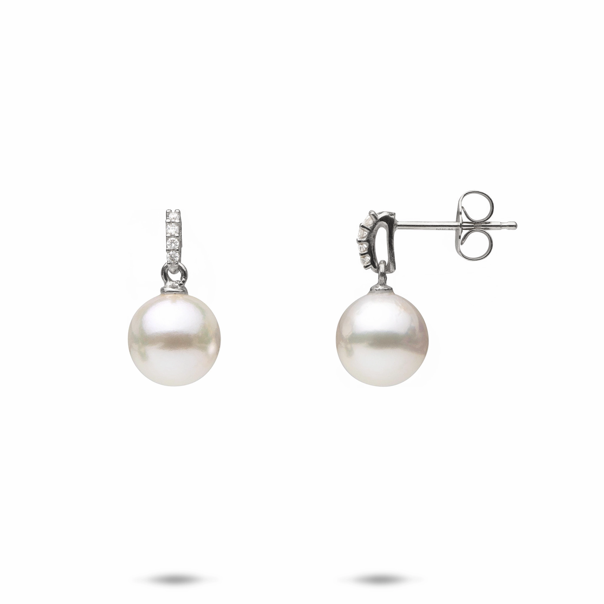 Lightweight Choice Akoya White Pearl Earrings in White Gold with Diamonds - 8mm