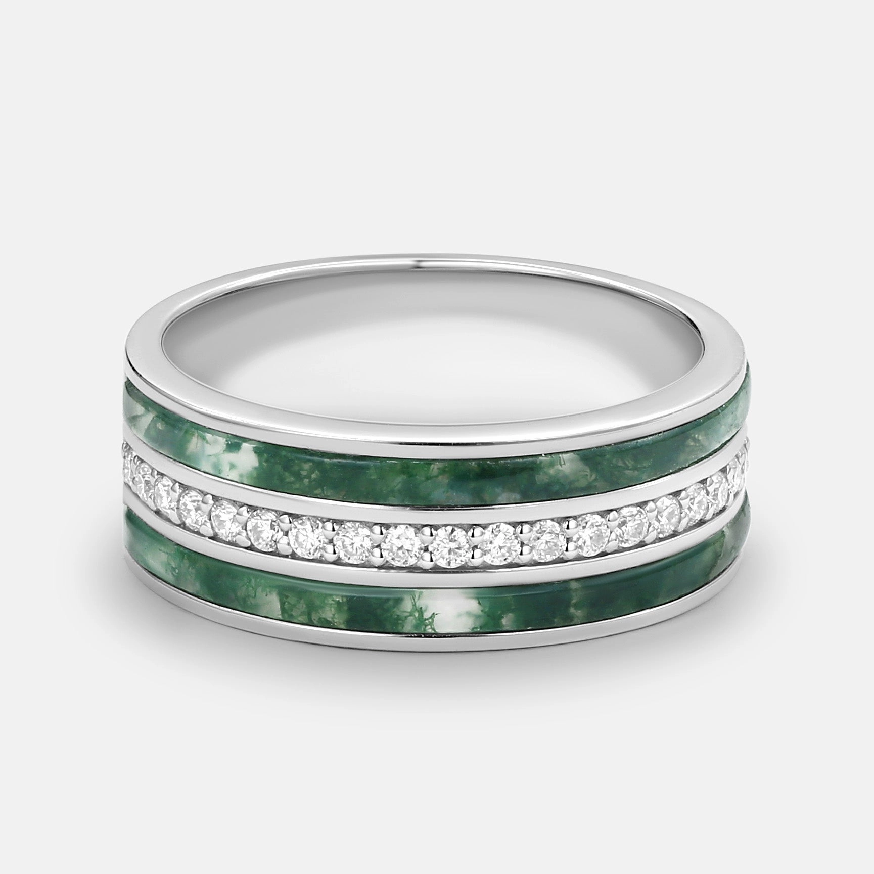 Delicate Detail 8mm Moss Agate & Moissanite Couple Men's Wedding Band