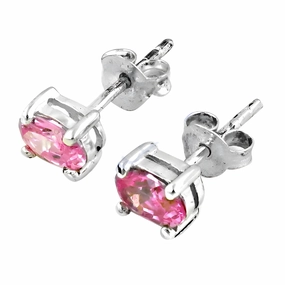 Oval Piece Brilliant Embellishment Elegant Pink Cubic Zirconia Silver Stud Earrings - Perfect Gift for Her